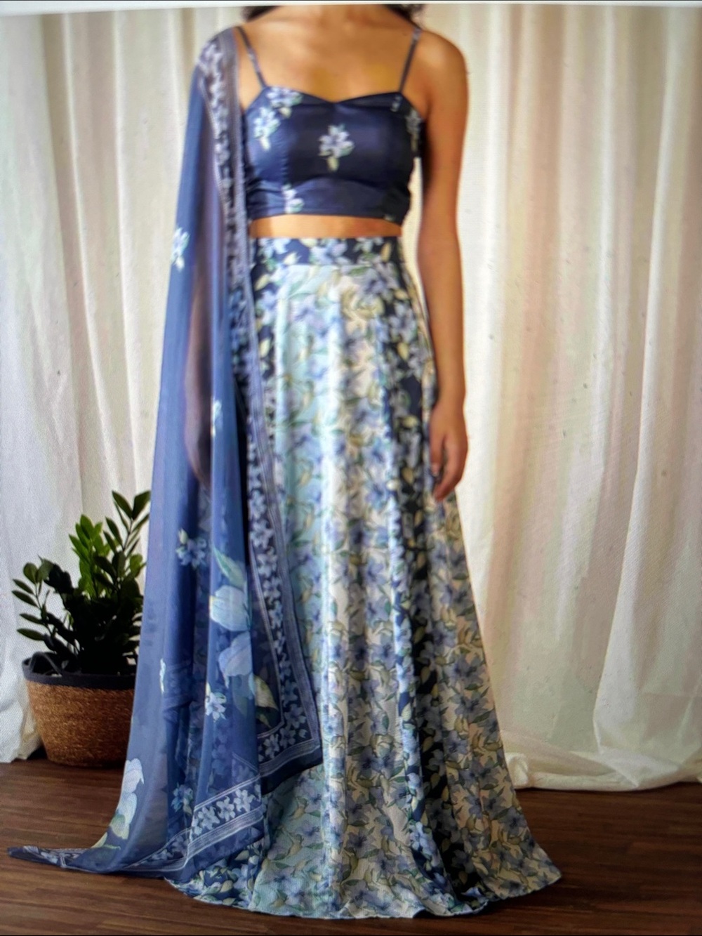 Navy Blue Floral Satin Crop Top and Matching Skirt Lehenga